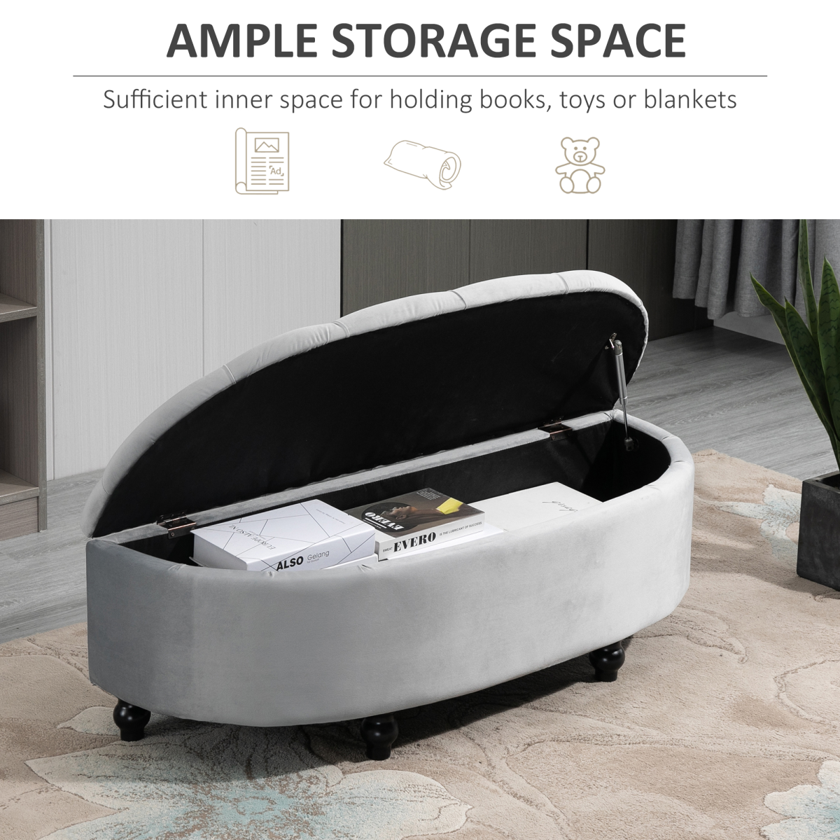 HOMCOM Semi-Circle Tufted Storage Ottoman Bench – Upholstered Footrest with Lift-Up Lid for Living Room