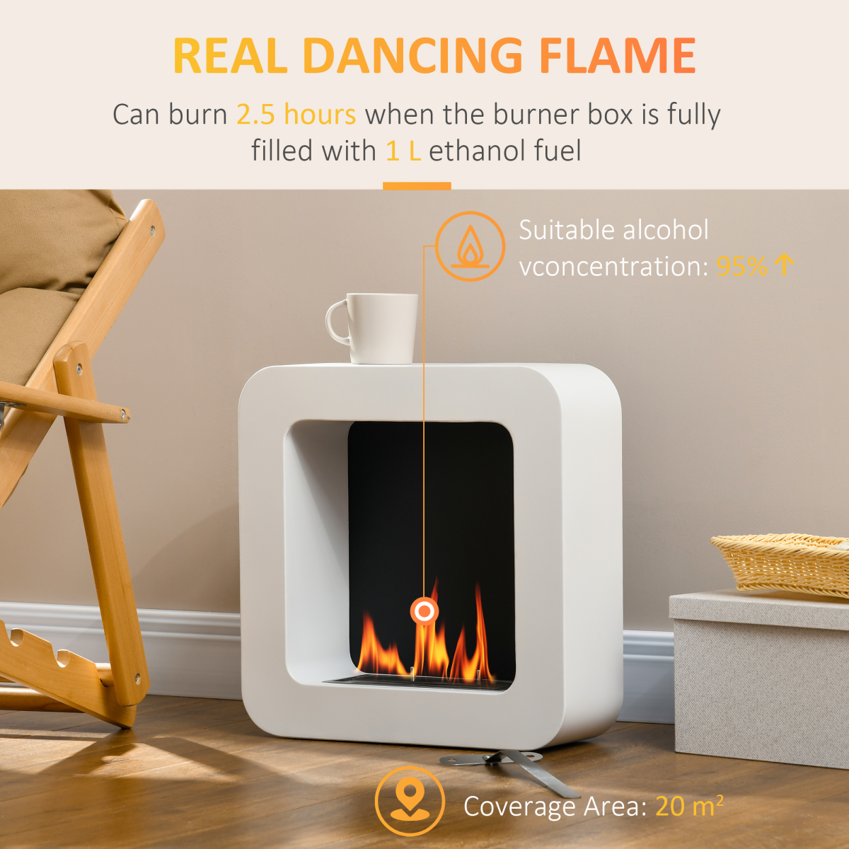 HOMCOM Wall Mounted Bioethanol Fireplace with 1L Tank – 2.5 Hour Burn Time, No Chimney Needed