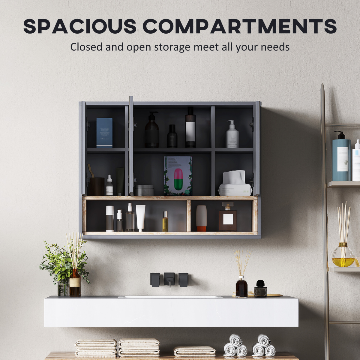 HOMCOM Wall-Mounted Bathroom Mirror Cabinet with Eight Compartments and Shelves, Grey