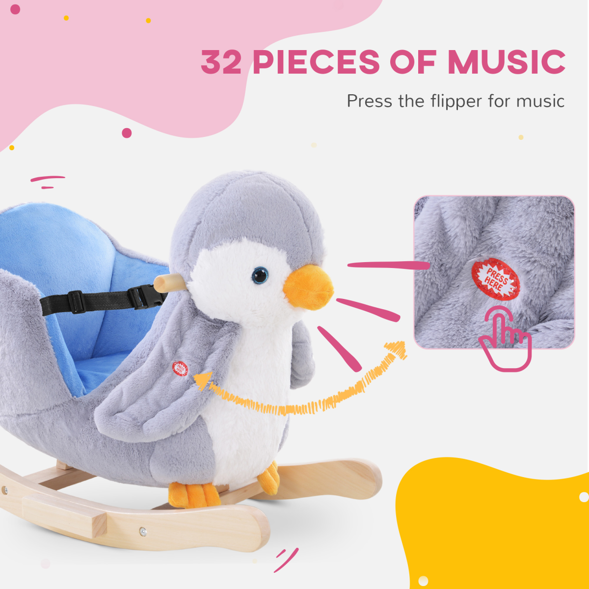 HOMCOM Baby Rocking Penguin with Plush Seat & 32-Song Musical Button – Wooden Ride-On Toy for 18 Months+