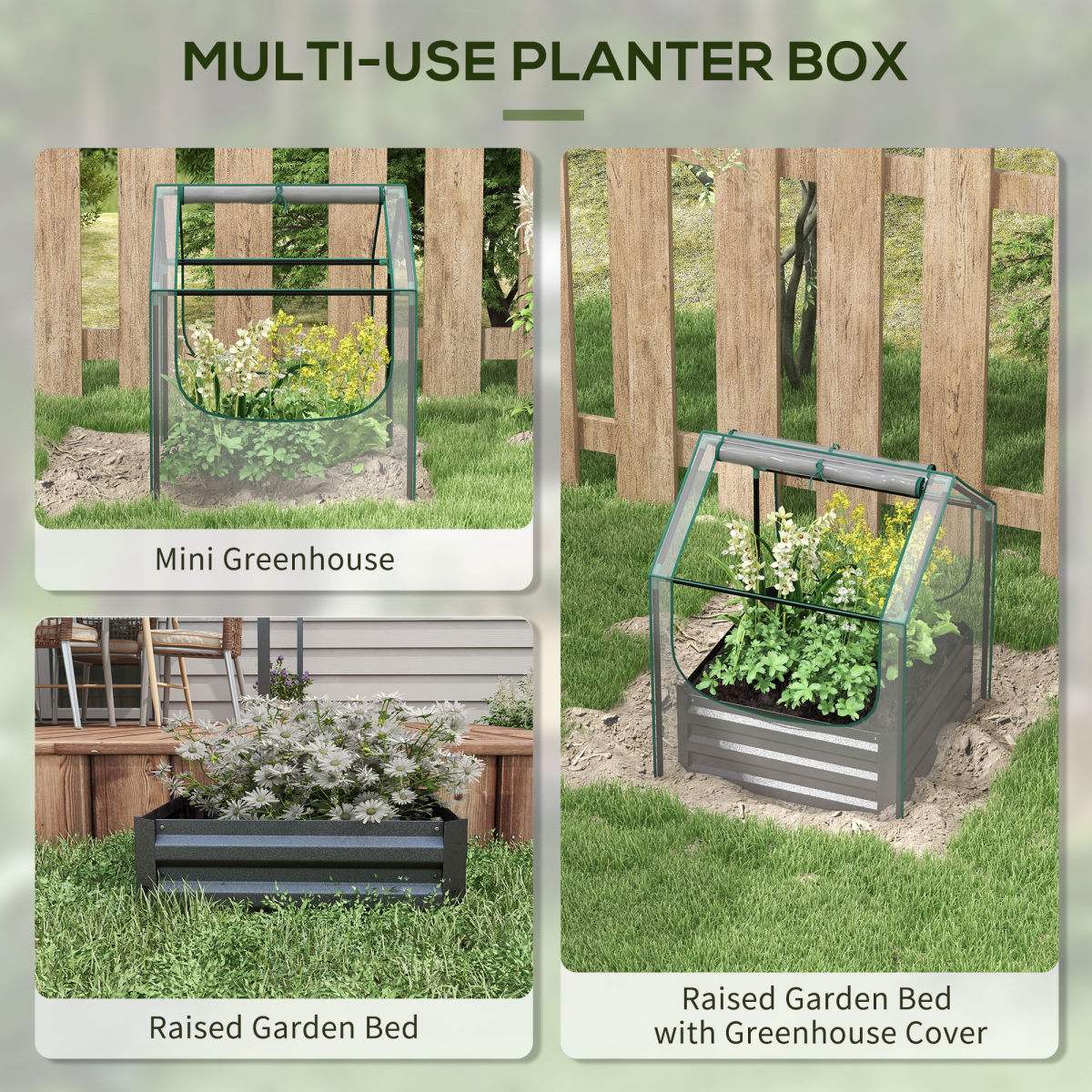 Outsunny Raised Garden Bed Planter with Greenhouse Cover, Steel Base & Roll-up Windows – 70 x 70 cm