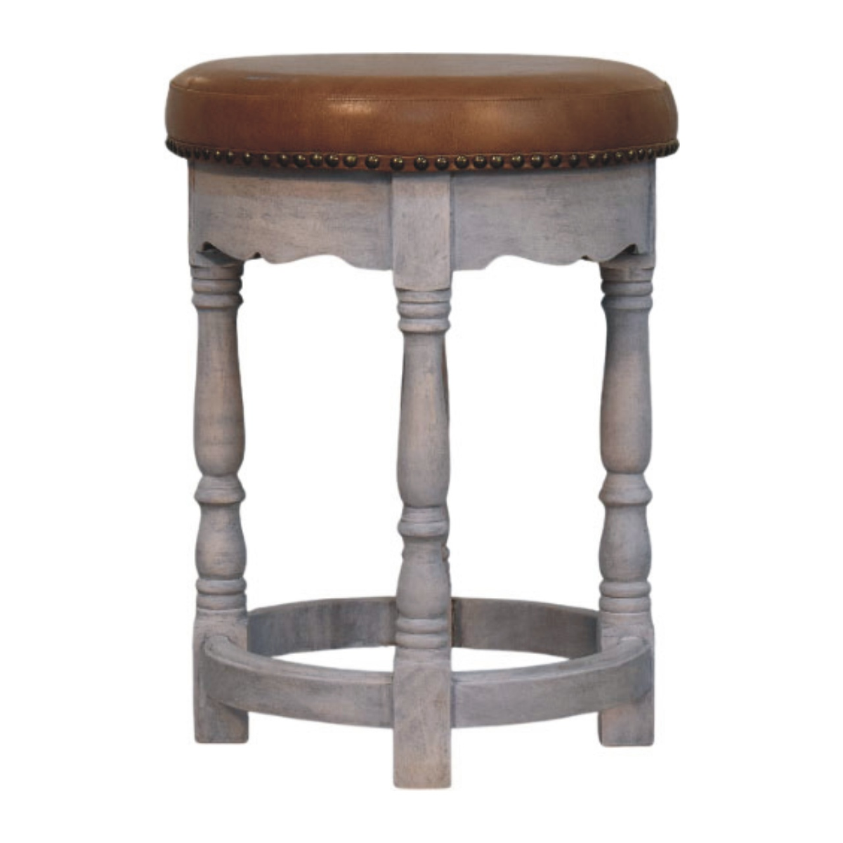 Artisan Furniture Solid Wood Rustic Charm Stool with Upholstered Leather Seat – Vanity Stool, Brown