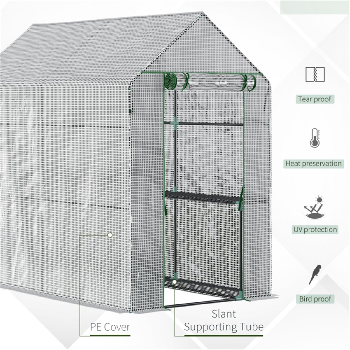 Walk-in Greenhouse with 4 Wire Shelves & Zipped Roll-up Door – Steel Frame Grow House, White Cover & Green Frame