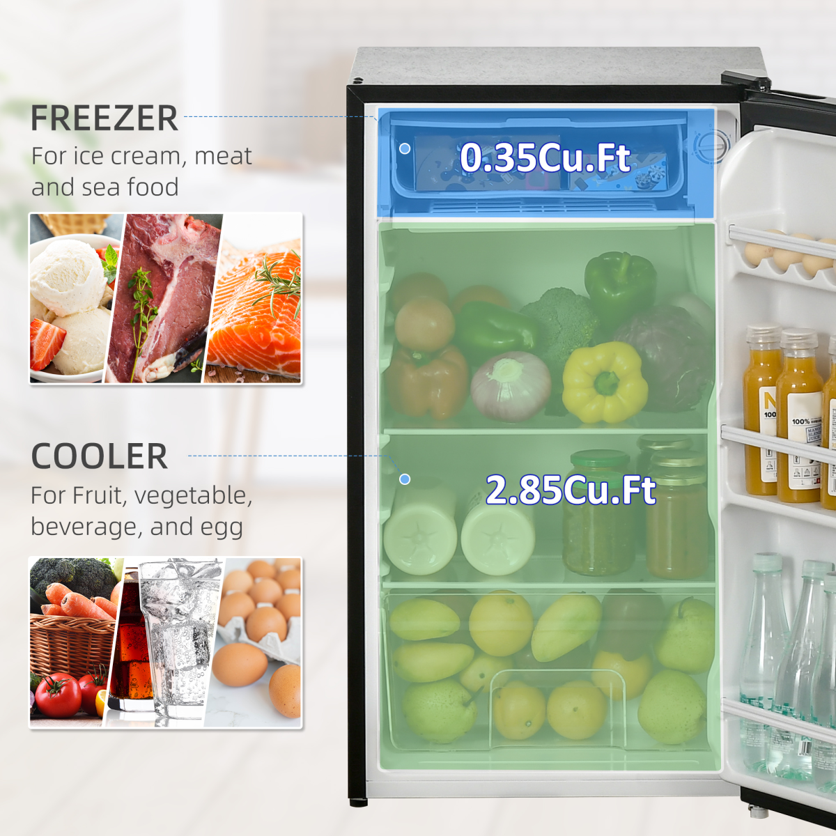 HOMCOM 91L Under Counter Fridge with Chiller Box & Reversible Door – Freestanding Kitchen Cooling, Black