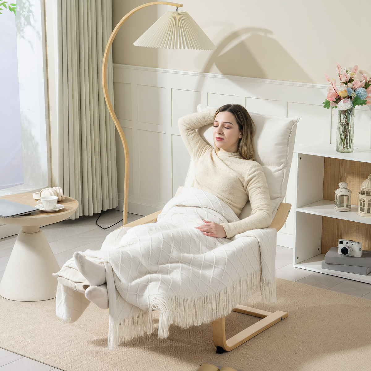 Rocking Lounge Chair with 5-Position Adjustable Footrest & Birch Wood Frame – Velvet-Feel Armchair, Cream White