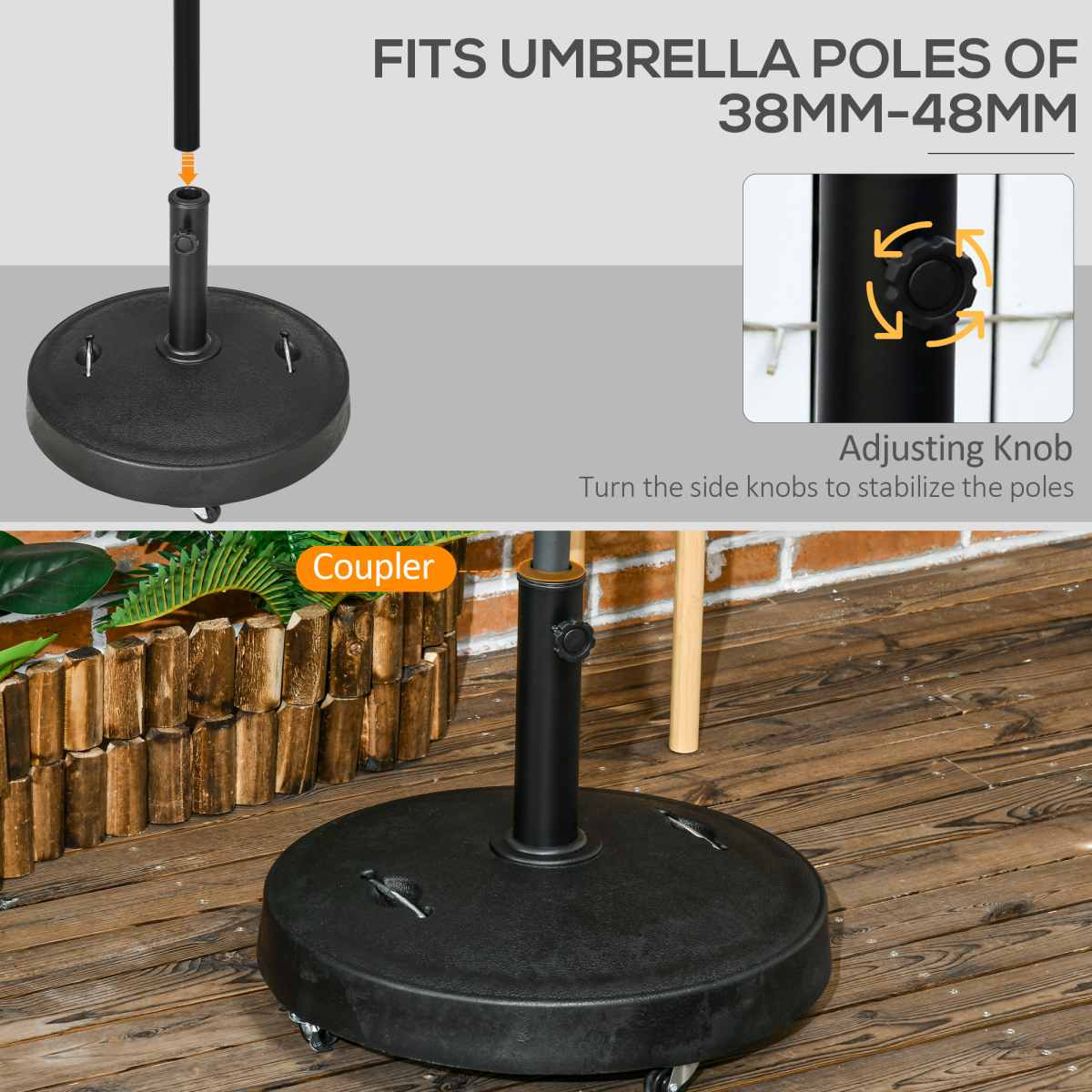 Outsunny 23.5kg Round Resin Parasol Base with Wheels & Brakes – Fits 38–48mm Poles