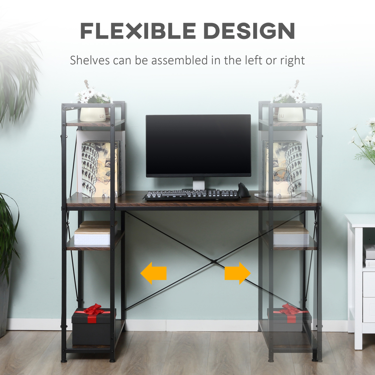 HOMCOM Computer Desk with 4-Tier Bookshelf – Home Office Study Workstation with Storage