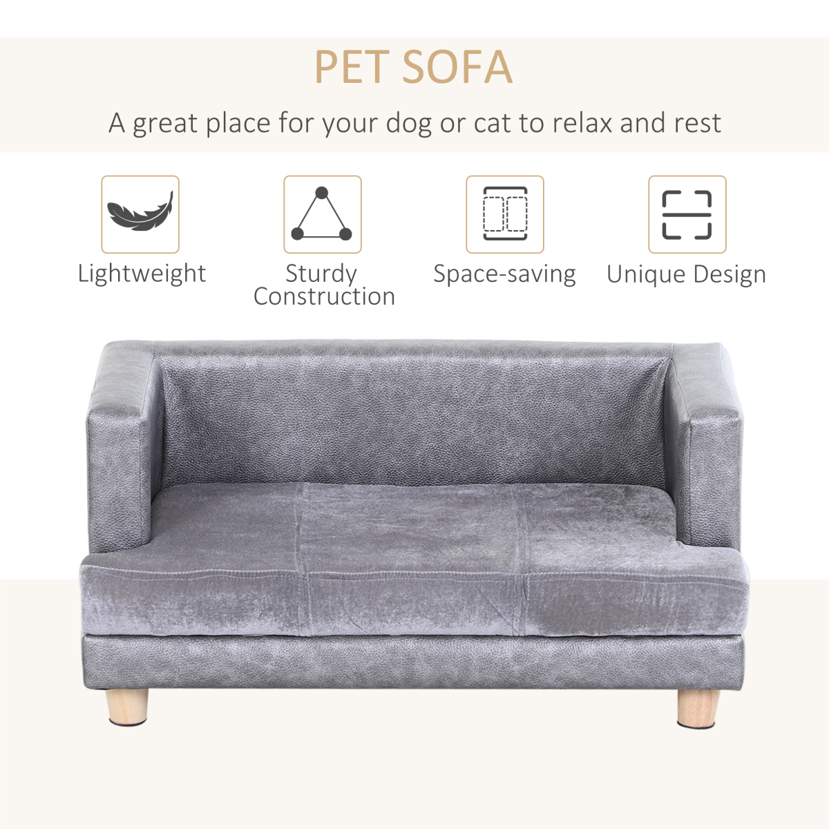 PawHut Pet Sofa Bed for Small Dogs & Cats – Soft Padded Grey Couch with Wooden Frame
