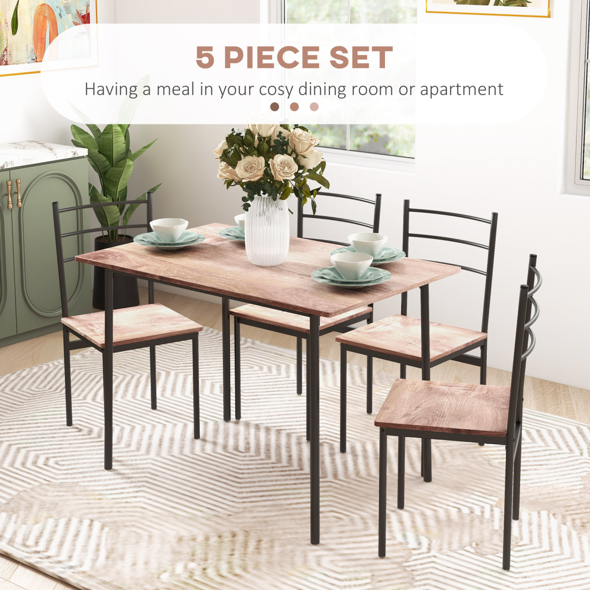 HOMCOM 5 Piece Space Saving Dining Table and 4 Chairs Set – Industrial Style Kitchen Dining Furniture