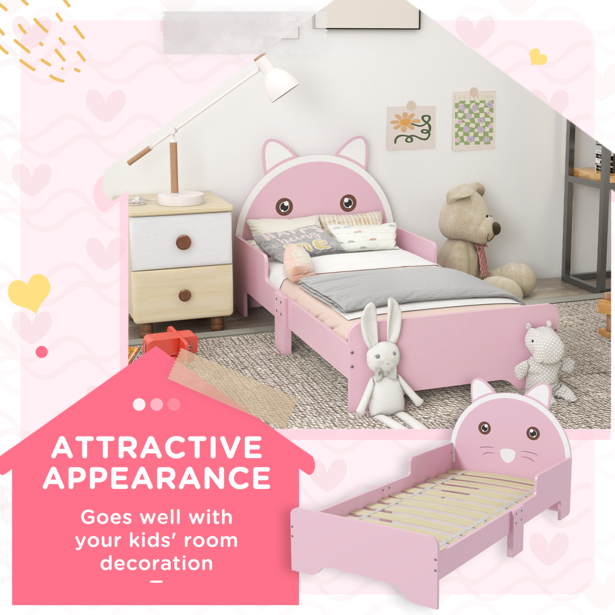 ZONEKIZ Toddler Bed Frame with Cat Design and Guardrails – Low Kids Bed for Ages 3–6, Pink