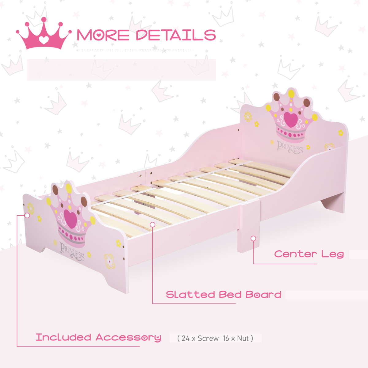 Princess Crown & Flower Wooden Toddler Bed with Safety Side Rails & Slats – Pink, Ages 3-6