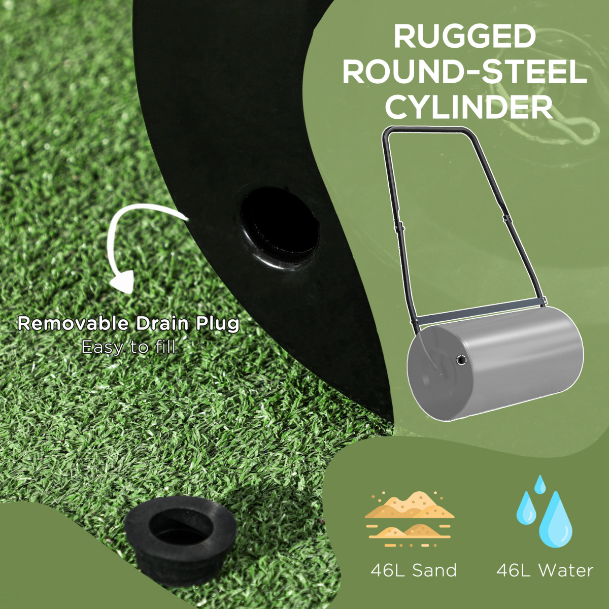 DURHAND Heavy Duty Steel Garden Lawn Roller, 46L Water or Sand Filled – Push or Tow Lawn Equipment
