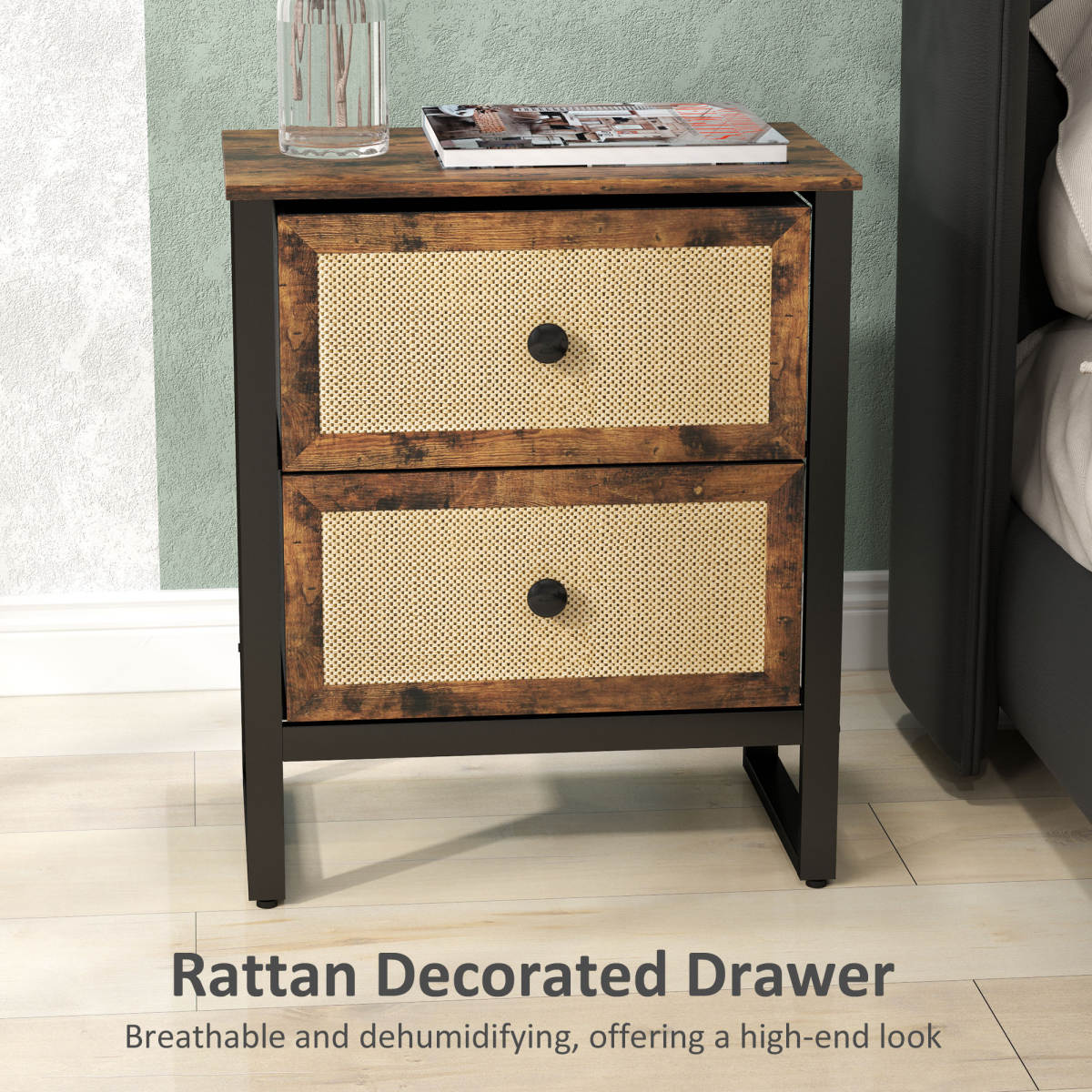 HOMCOM Bedside Table with 2 Rattan Drawers, Steel Legs and Adjustable Feet – Bedroom Storage, Rustic Brown