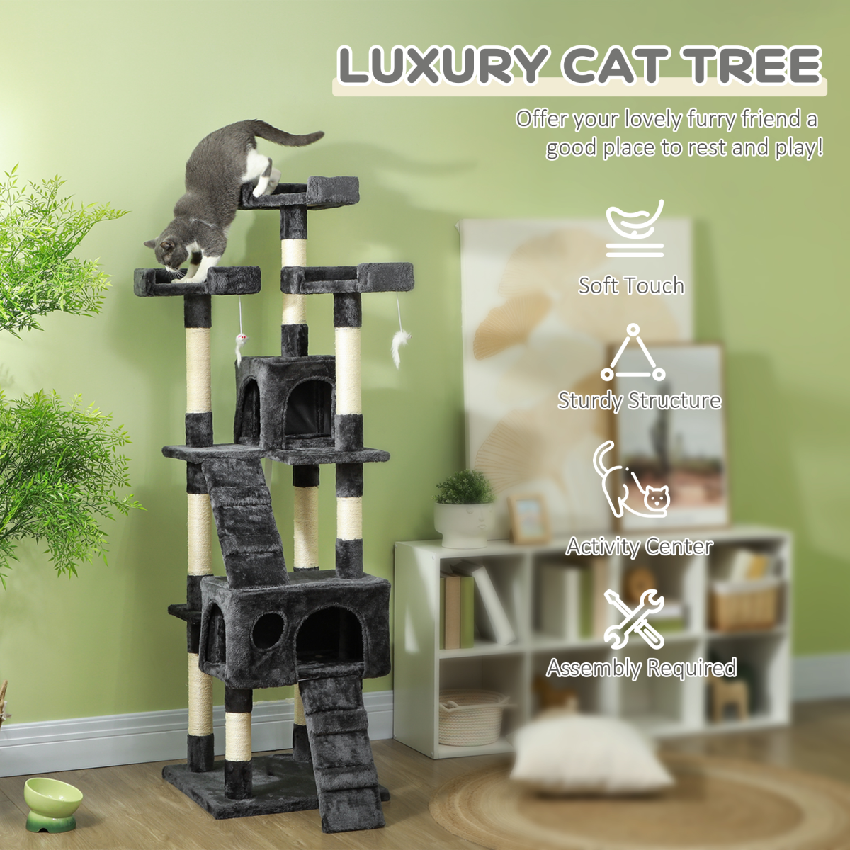 PawHut Tall Cat Tree Activity Centre with Condos, Perches, Sisal Scratching Post and Dangling Toys, 170 cm, Grey