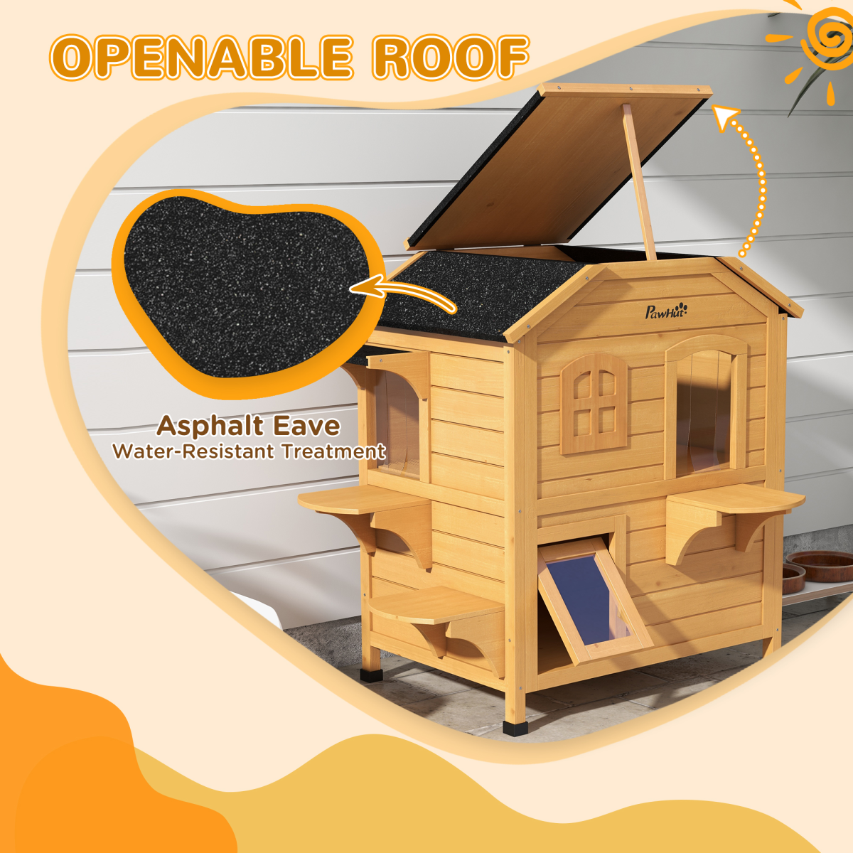 PawHut Wooden Two-Floor Cat House for Outdoor Use with Openable Roof – Natural Fir Wood Cat Shelter