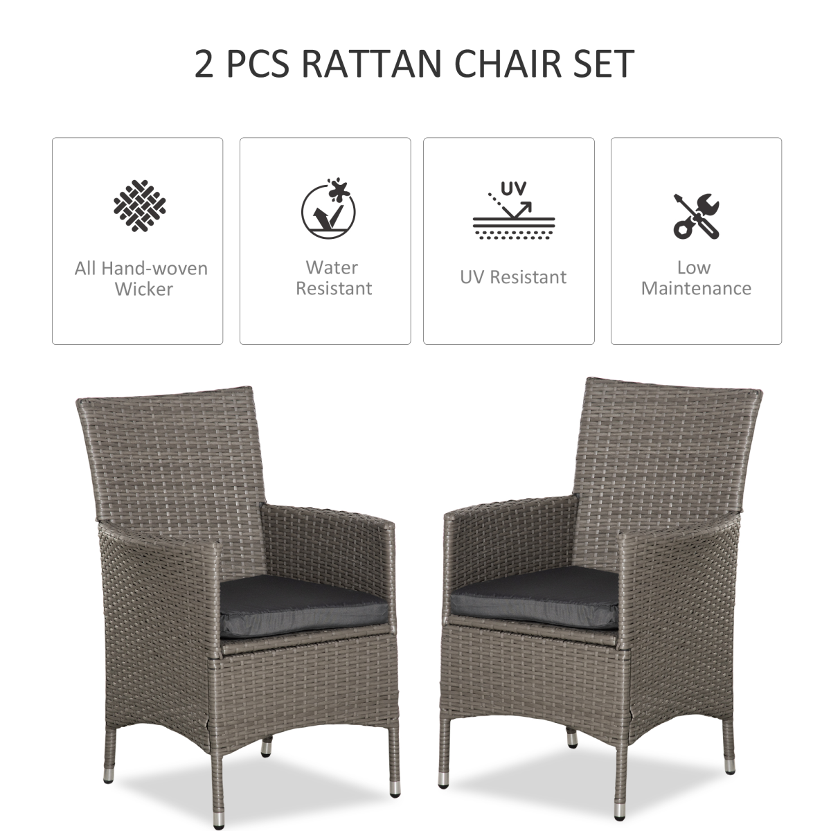Outsunny Outdoor Rattan Dining Armchairs with Cushions, Set of 2 – Garden Patio Seating, Grey