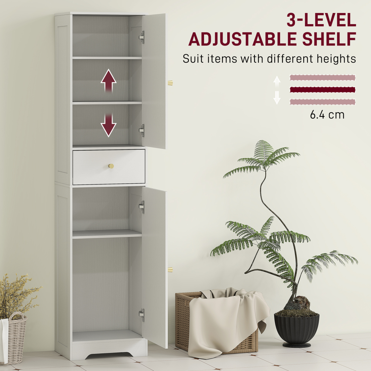 HOMCOM Tall Bathroom Storage Cabinet with Arched Doors, Drawer & Adjustable Shelf – Slim Design, White