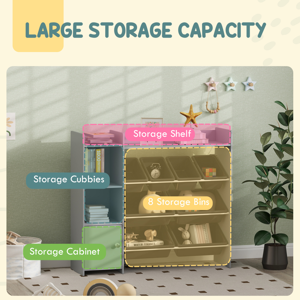 AIYAPLAY Kids Toy Storage Unit with 8 Removable Bins, Shelves & Cabinet – Grey