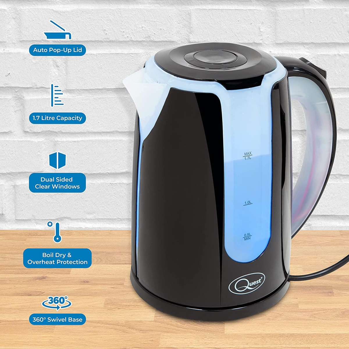 Quest Dual LED Illuminated Kettle, 1.7L 2200W with 360° Swivel Base & Boil Dry Protection – Black