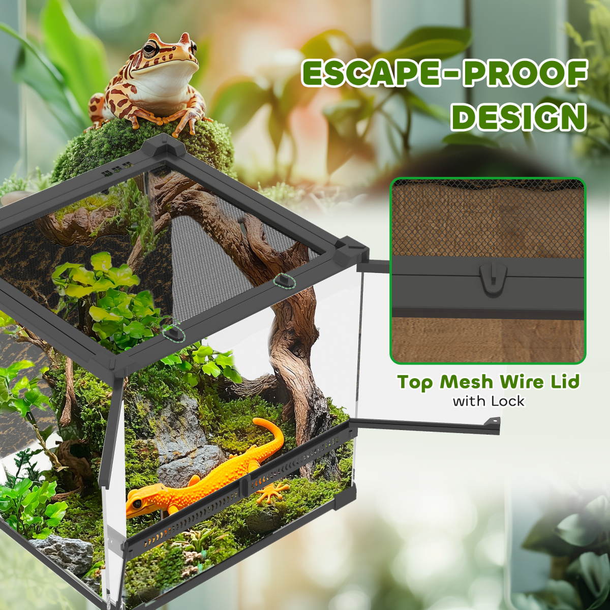 Glass Reptile Terrarium with Rock Background, Lockable Door & Ventilated Lid – 24L Waterproof Base for Wet Setups, Black