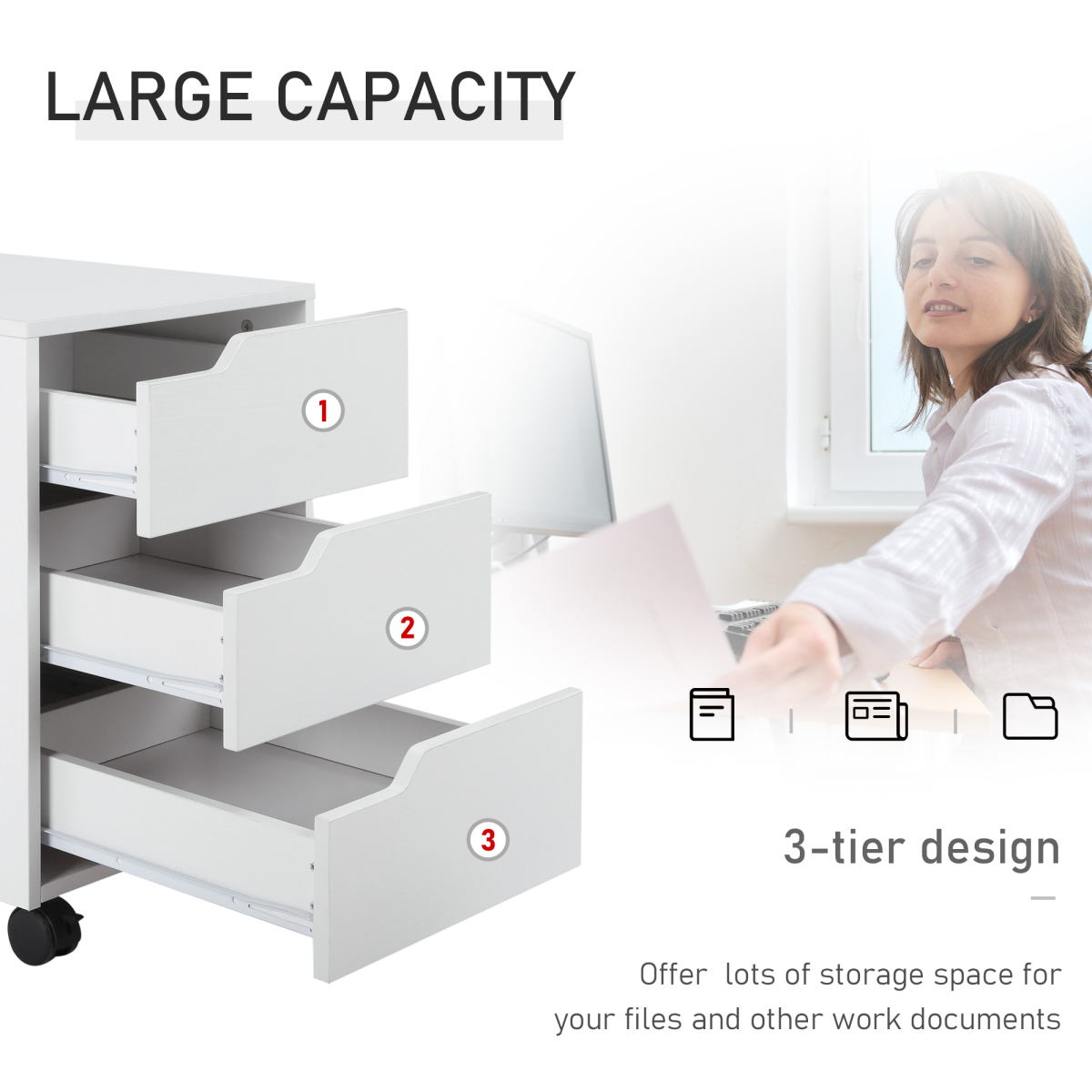 HOMCOM MDF Mobile File Cabinet with 3 Sliding Drawers and Locking Wheels – Home Office Storage, White