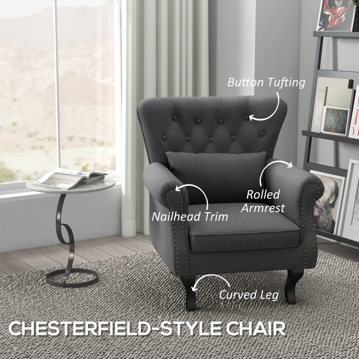 HOMCOM Vintage Wingback Accent Armchair with Nailhead Trim & Wooden Legs – Living Room Chair, Dark Grey