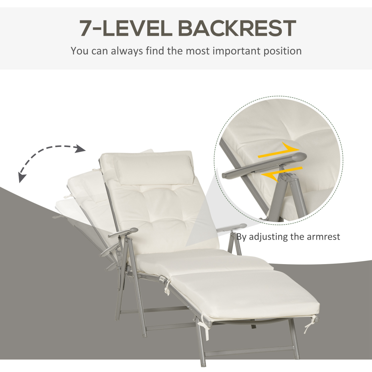 Outsunny Foldable Sun Lounger with 7-Level Adjustable Backrest, Padded Seat and Pillow – Textilene, White