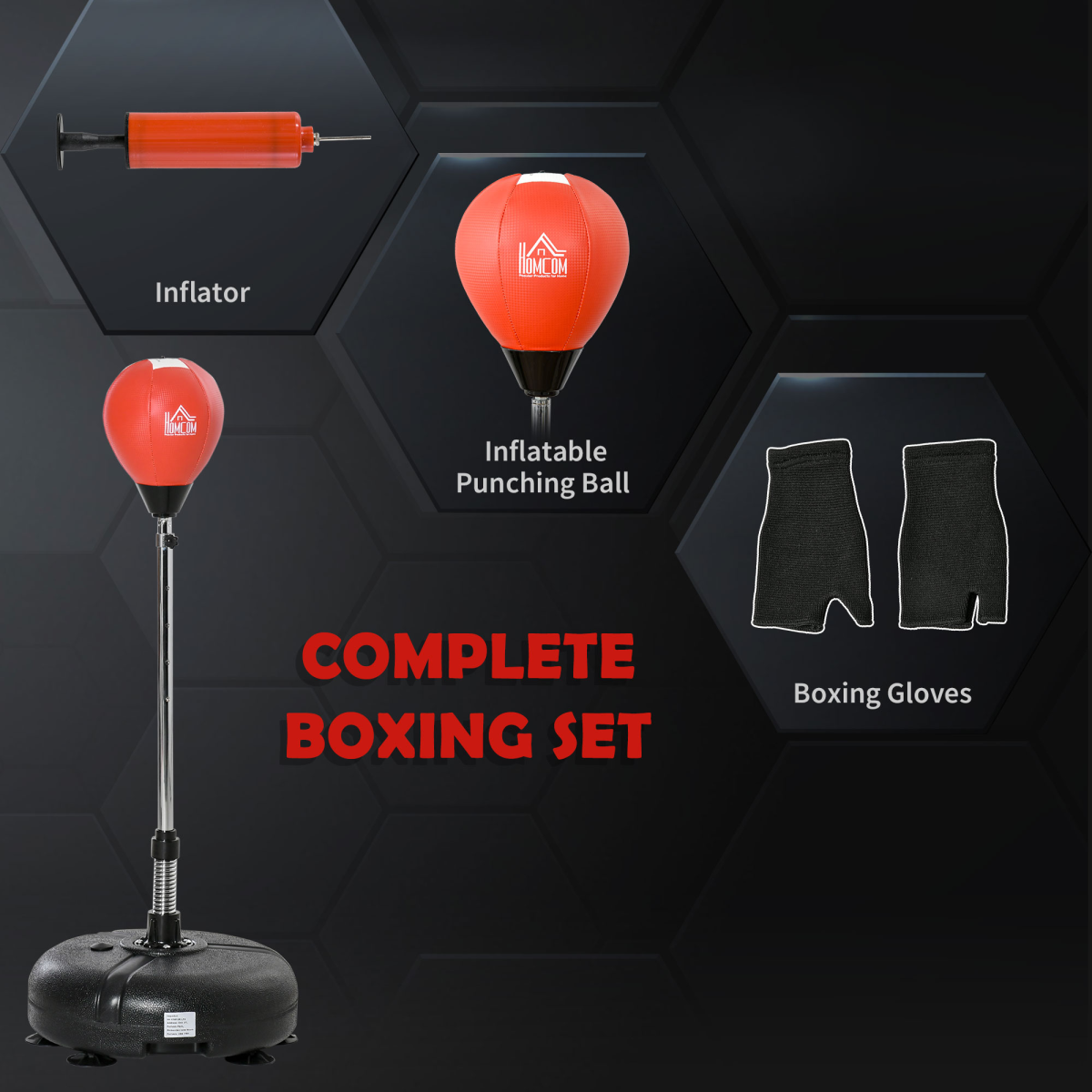 HOMCOM Boxing Training Set with Adjustable Height Stand, Gloves & Pump – Reflex Punch Ball, Red & Black