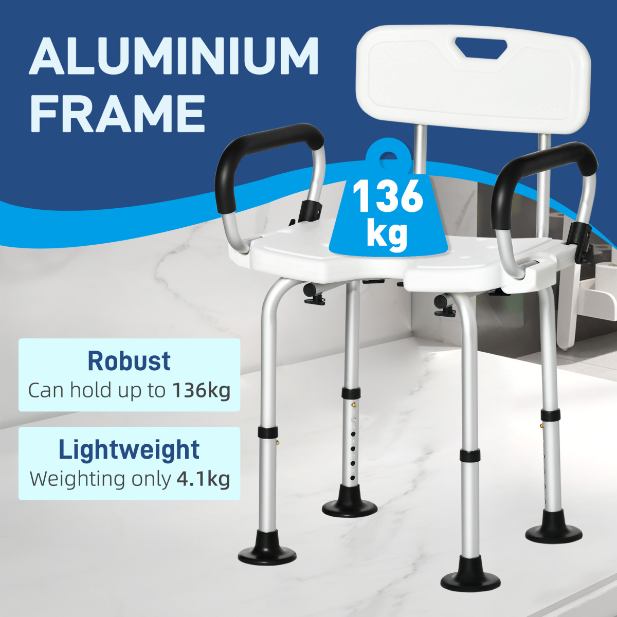 HOMCOM Adjustable Shower Stool with Back, Padded Arms and Suction Foot Pads – Bath Seat for Elderly