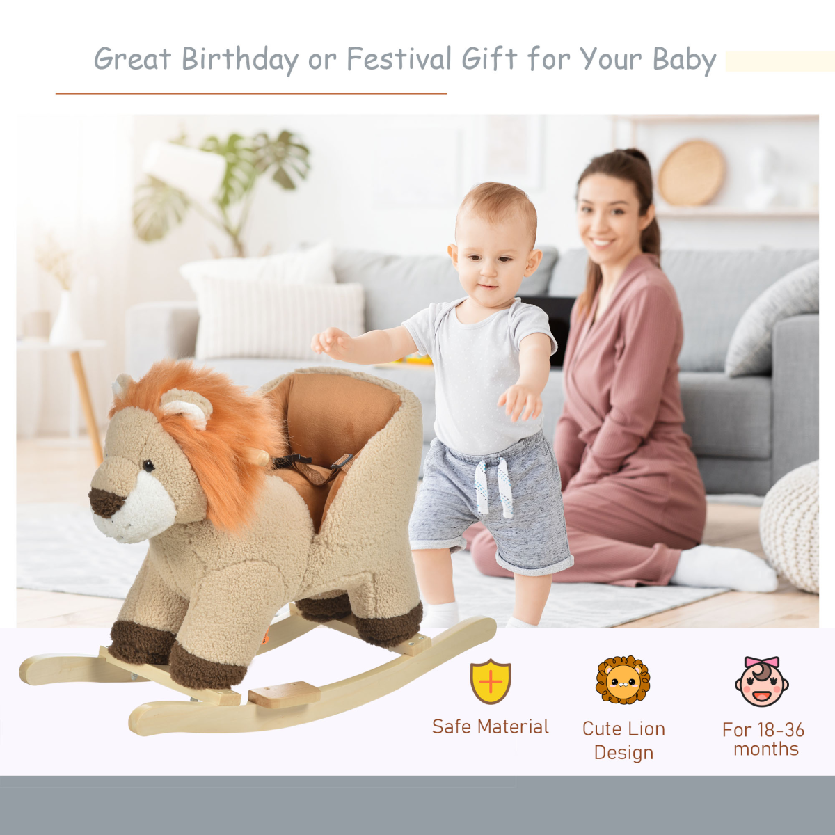 HOMCOM Kids Rocking Lion Ride-On with Plush Seat, Sound Button, Wooden Base and Seat Belt – Ages 18-36 Months