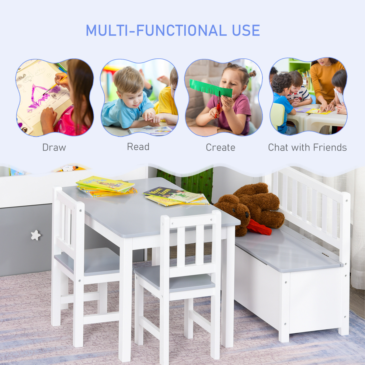 HOMCOM 4-Piece Kids Wooden Table, Chair and Storage Bench Set – Play and Study Furniture for 3+ Years