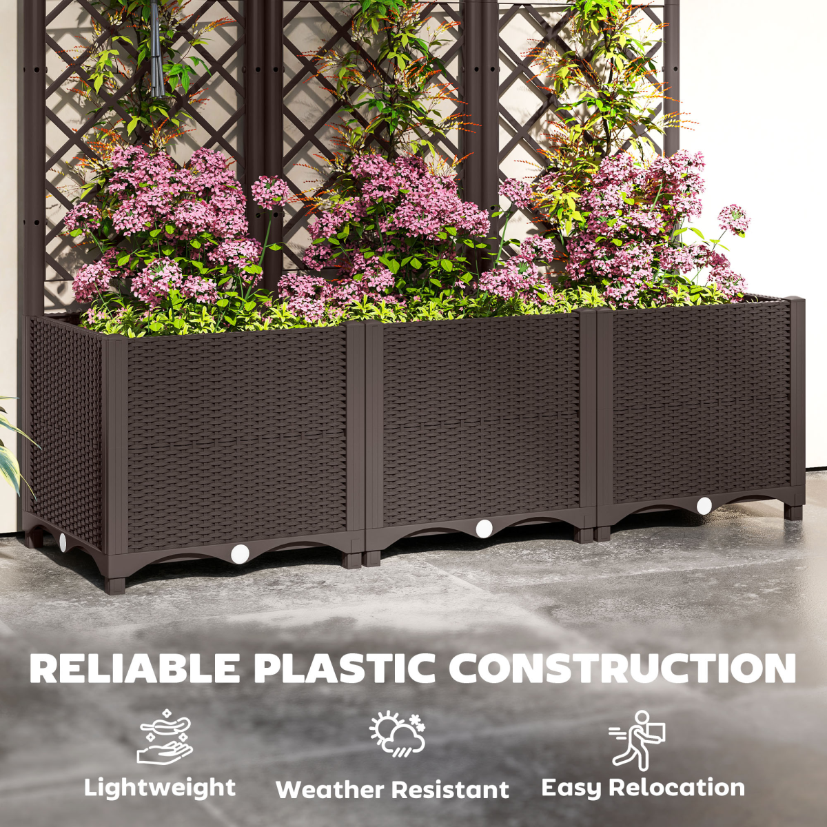 Outsunny Plastic Planter Box with Trellis and Drain Plugs – Vertical Vegetable Garden Raised Bed, Brown