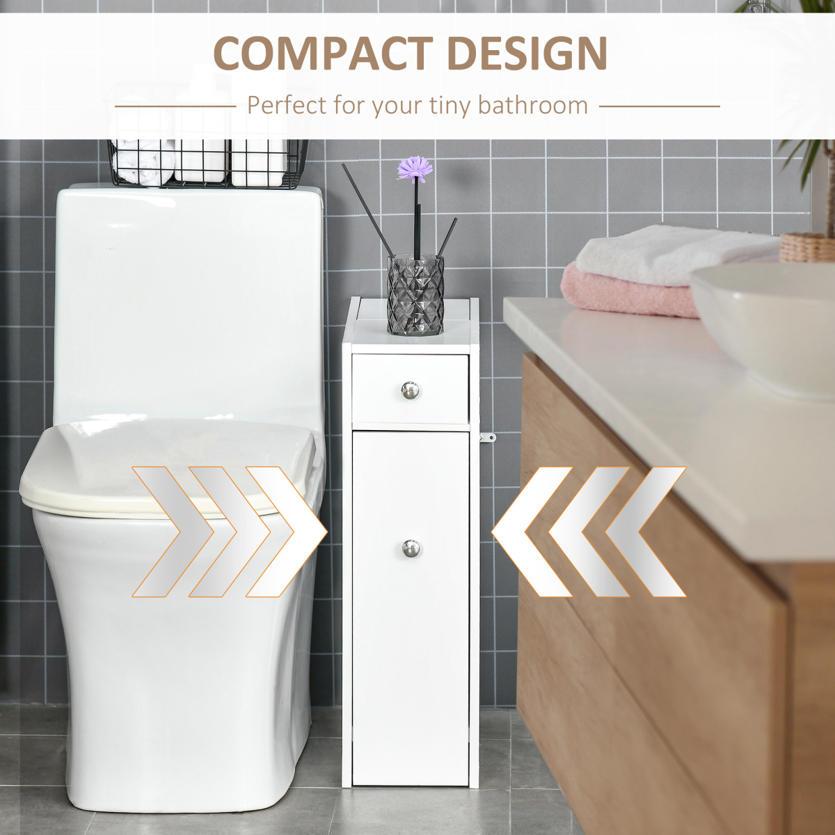 HOMCOM Slim Bathroom Floor Cabinet with Large Drawer & Storage Compartments – White