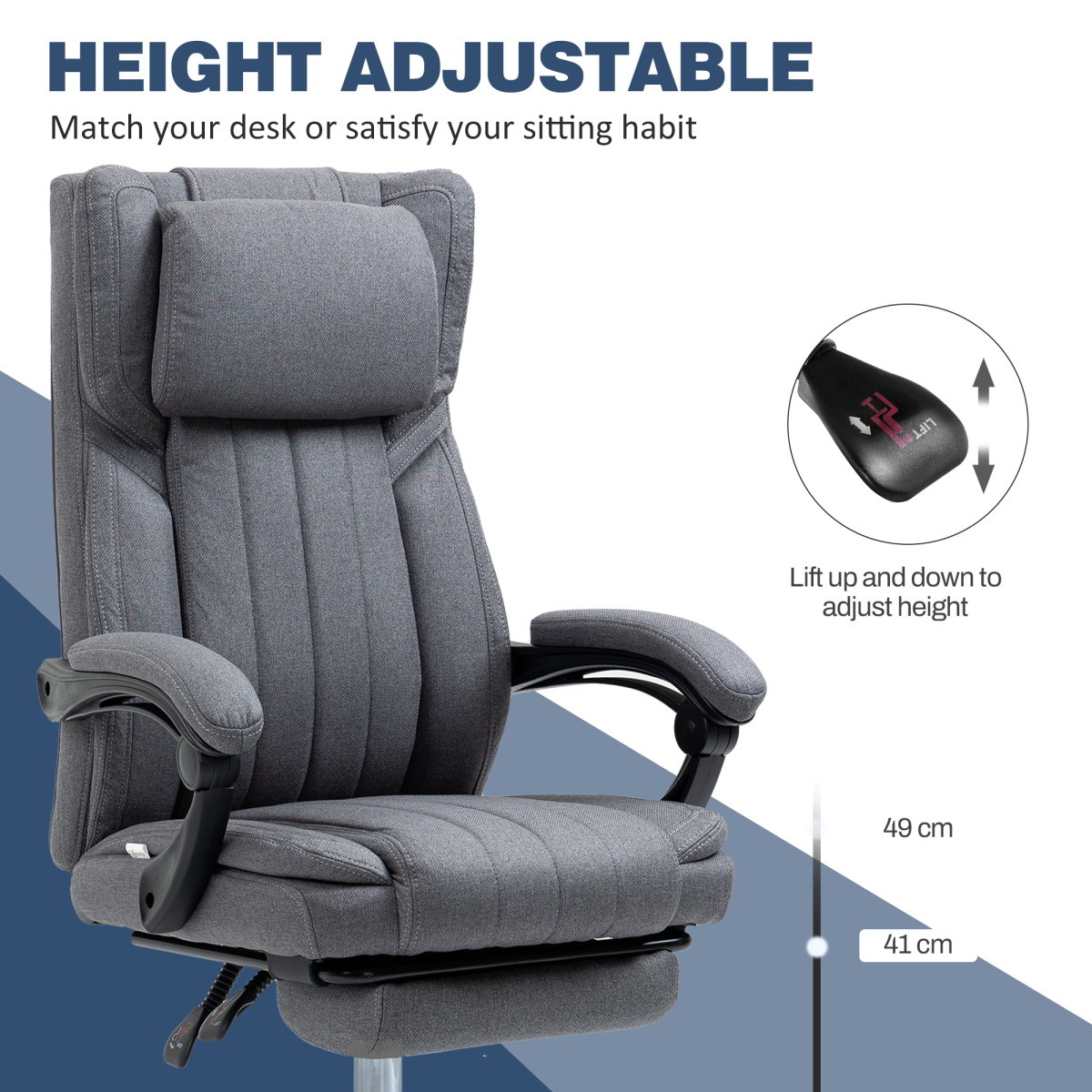 HOMCOM Executive Reclining Office Chair with Headrest & Retractable Footrest – Dark Grey Linen-Look