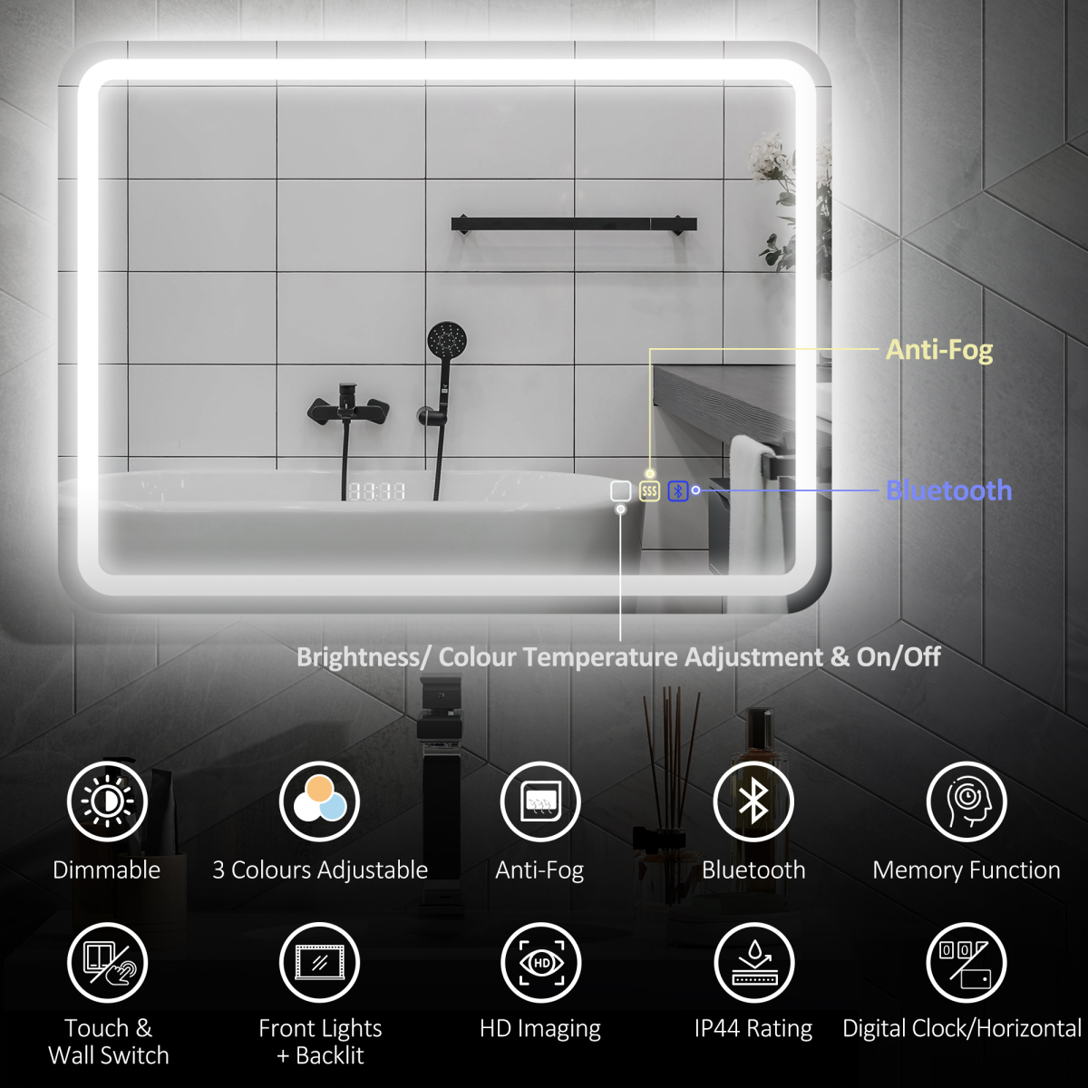 LED Bathroom Mirror 80 x 60cm with Bluetooth Speaker, Digital Clock & Demister – Horizontal Wall Mount