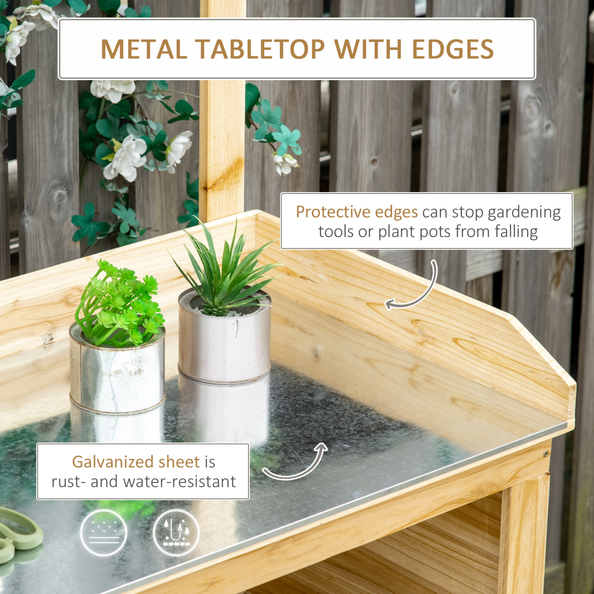 Outsunny Garden Potting Bench Table with Galvanised Metal Top, Storage Shelves & Hooks – Fir Wood Workstation