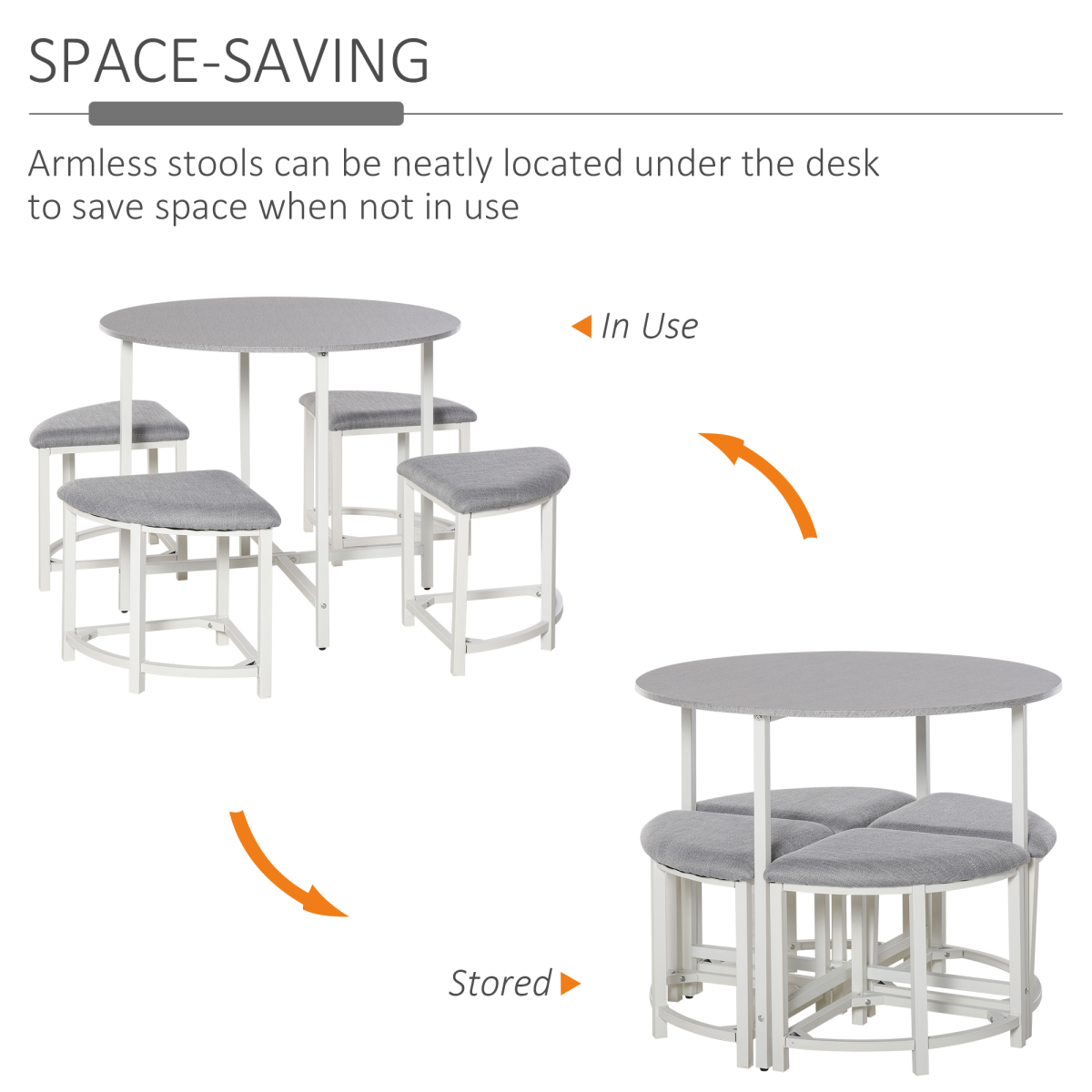 Modern Round Dining Table Set with 4 Upholstered Triangle Stools – Space-Saving, 90cm Diameter