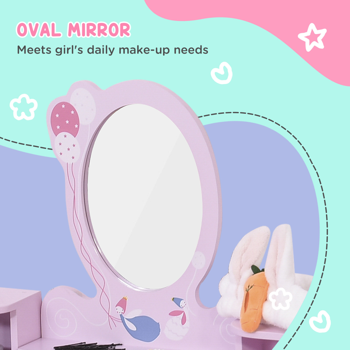HOMCOM Kids Dressing Table and Stool Set with Oval Mirror & Storage Drawer – Make Up Desk, Pink