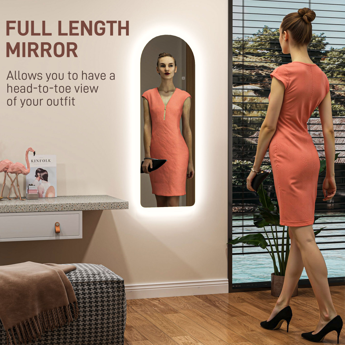 HOMCOM Arched LED Full Length Wall Mirror 120 x 40cm with Dimmable 3-Colour Lighting – Touch Control