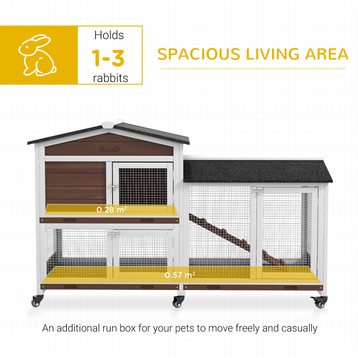 PawHut Wooden Rabbit Hutch with Wheels, Run & Ramp – Outdoor Guinea Pig Cage for 1–3 Rabbits, Brown