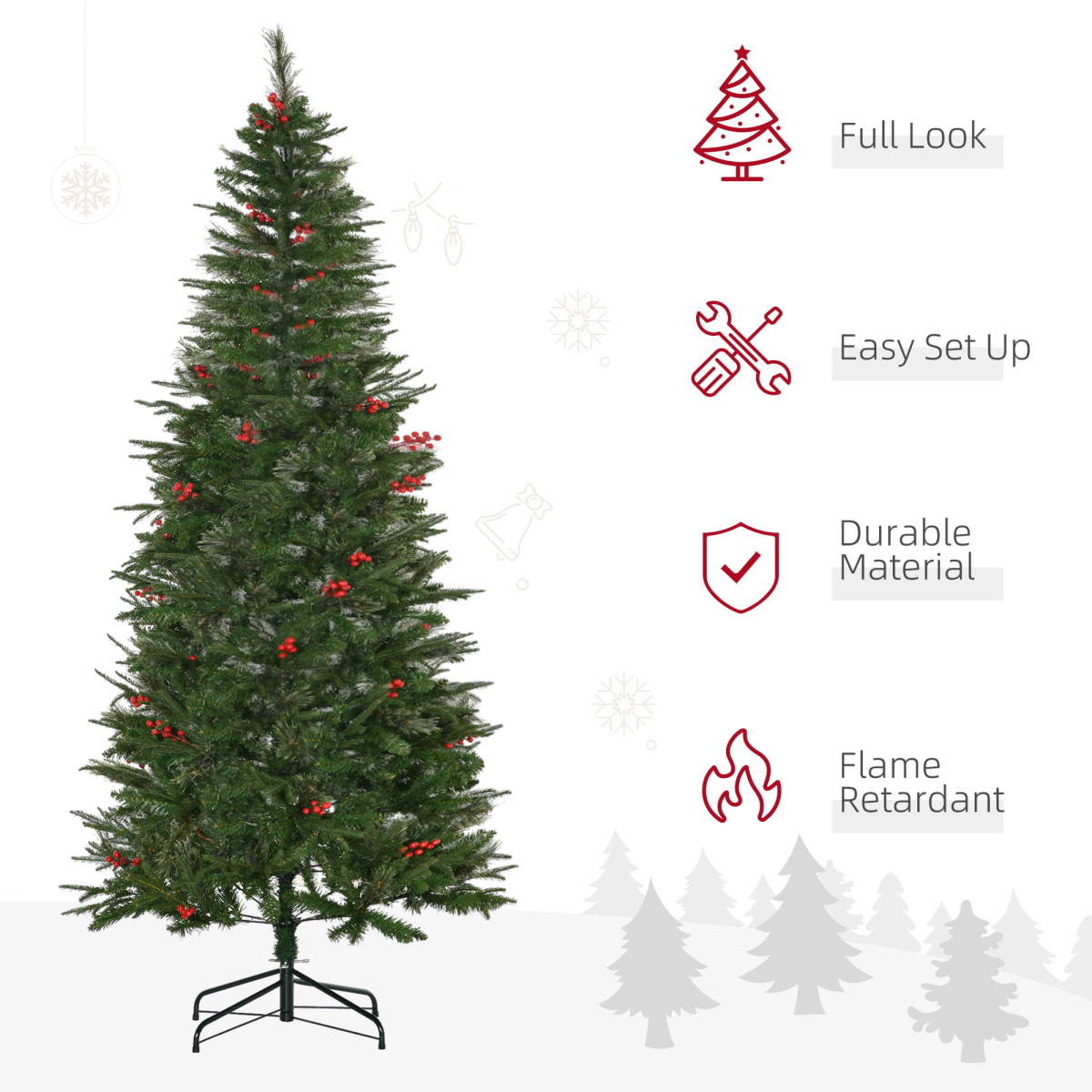 HOMCOM 7ft Unlit Artificial Pencil Christmas Tree with Faux Red Berries, Flame Retardant PVC & Metal Base