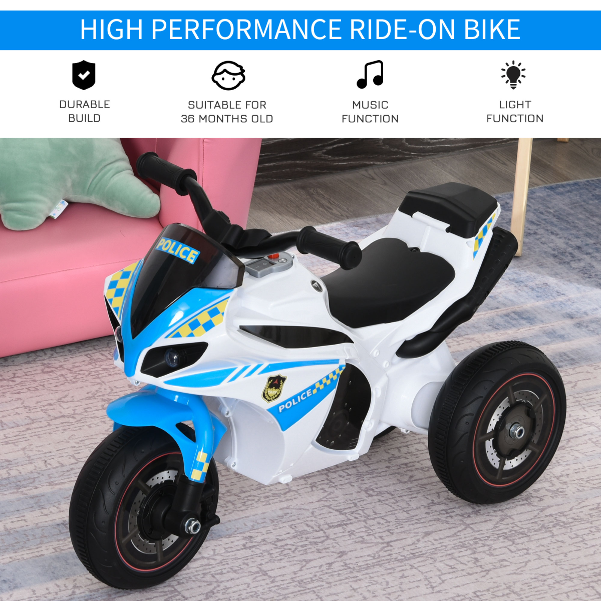 HOMCOM Kids 3-Wheel Ride-On Police Bike with Music and Lights – Toddler Ride-On Toy, 18–36 Months