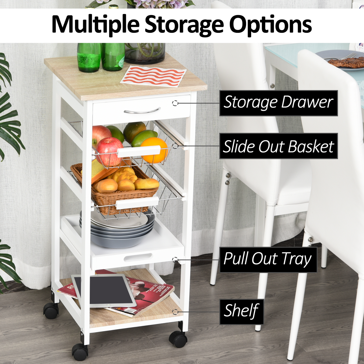 HOMCOM 5-Tier Kitchen Storage Trolley with Drawer, Wire Baskets & Pull-Out Tray – White