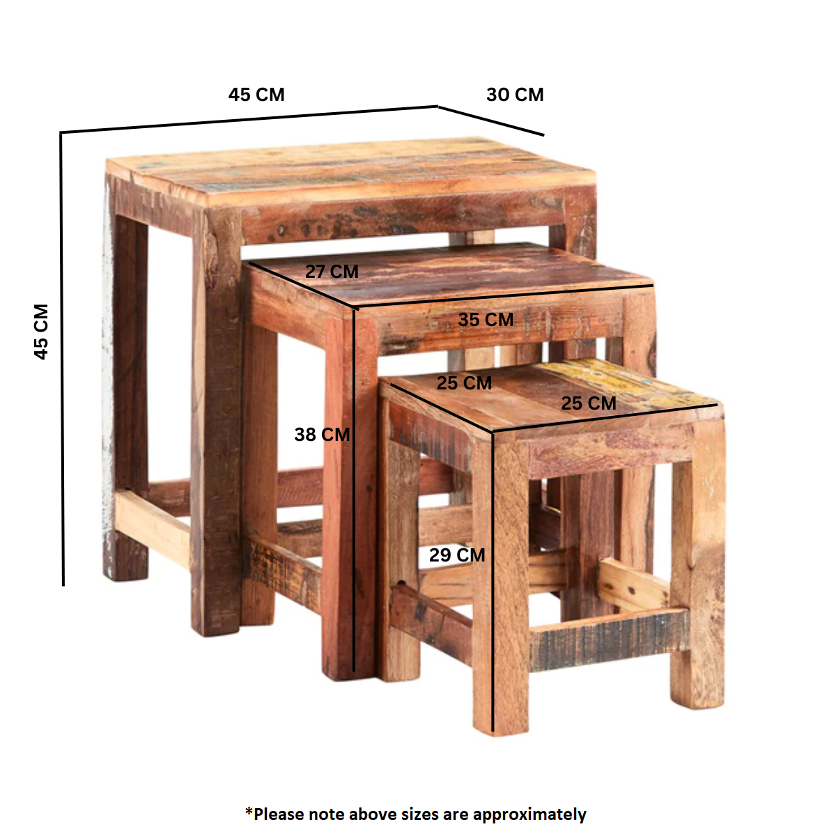 Indian Hub Coastal Nest of 3 Tables in Solid Reclaimed Wood – Hand Finished, Fully Assembled