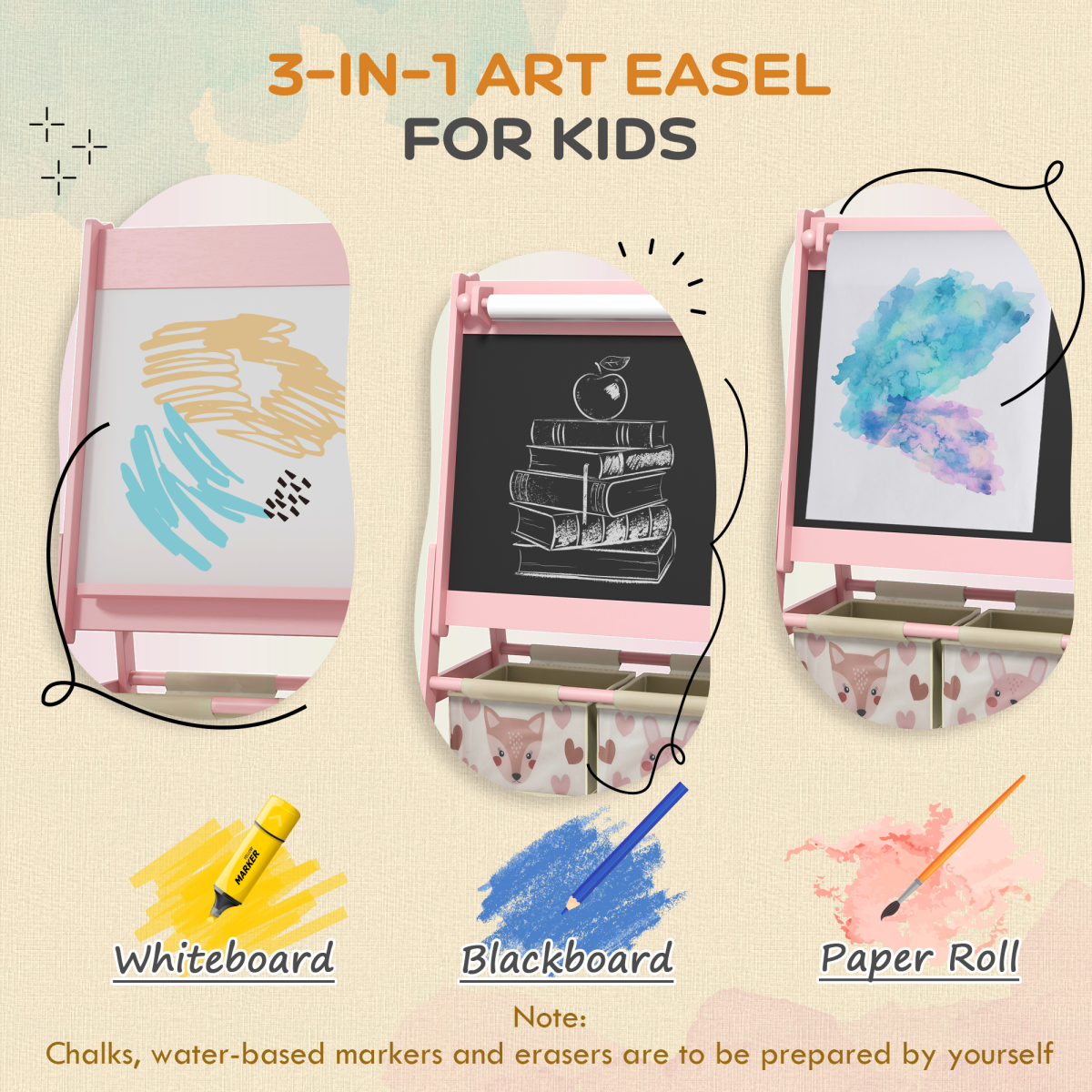 AIYAPLAY Kids Easel with Paper Roll, Blackboard, Whiteboard and Storage Baskets – 3-in-1 Art Easel, Pink