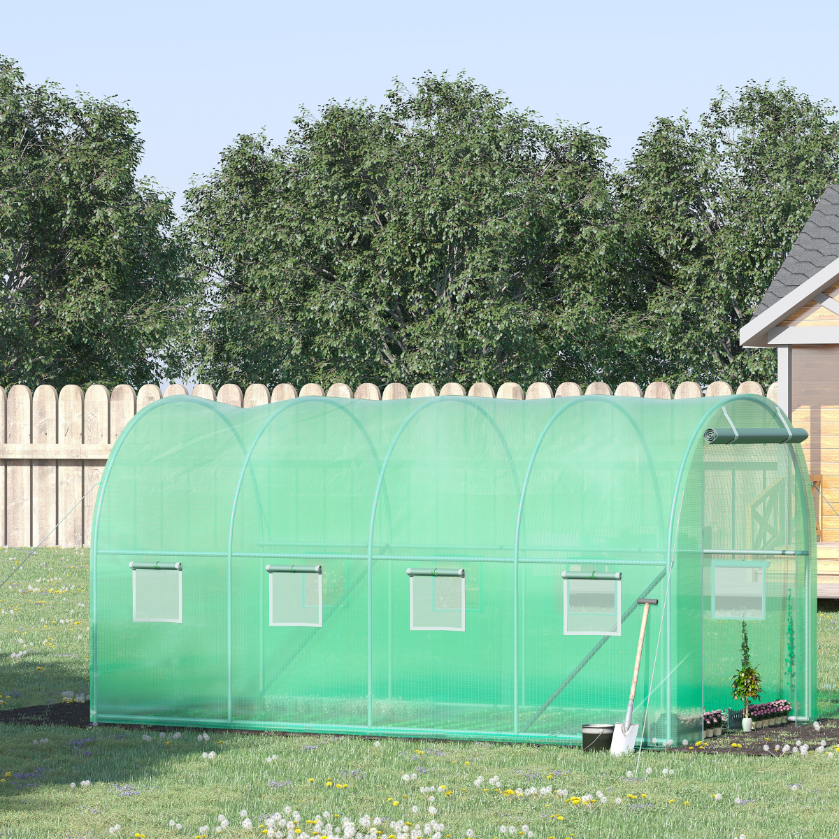 Walk-in Polytunnel Greenhouse with Galvanised Steel Frame & Roll-Up Windows – Garden Grow Tunnel, Green
