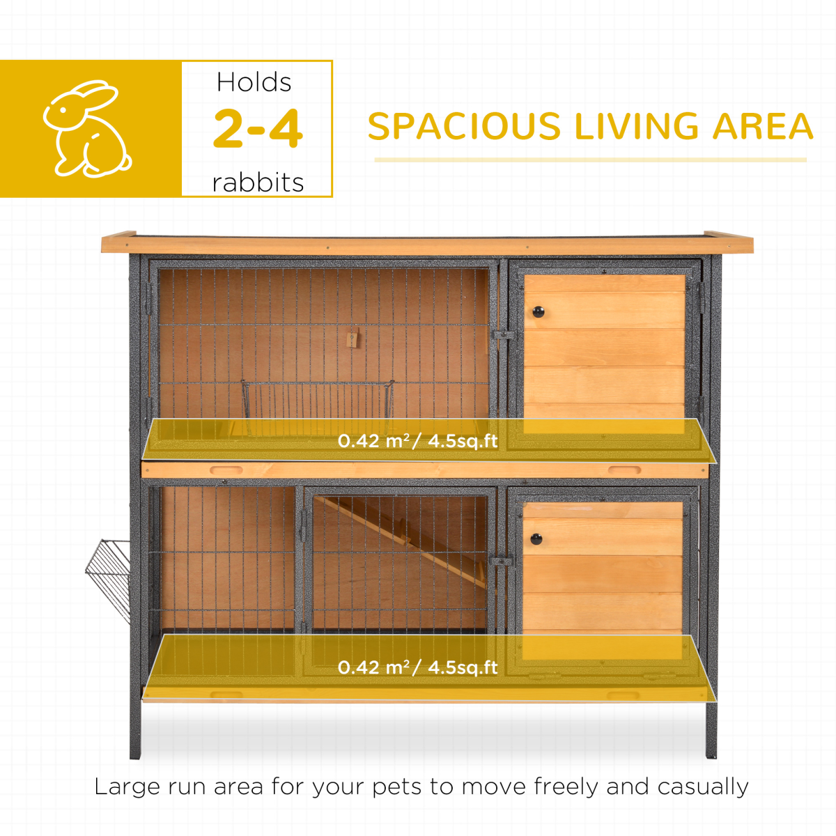 PawHut Wooden Rabbit Hutch with Metal Frame, Run & Slide-Out Tray – Outdoor Bunny House, Light Yellow