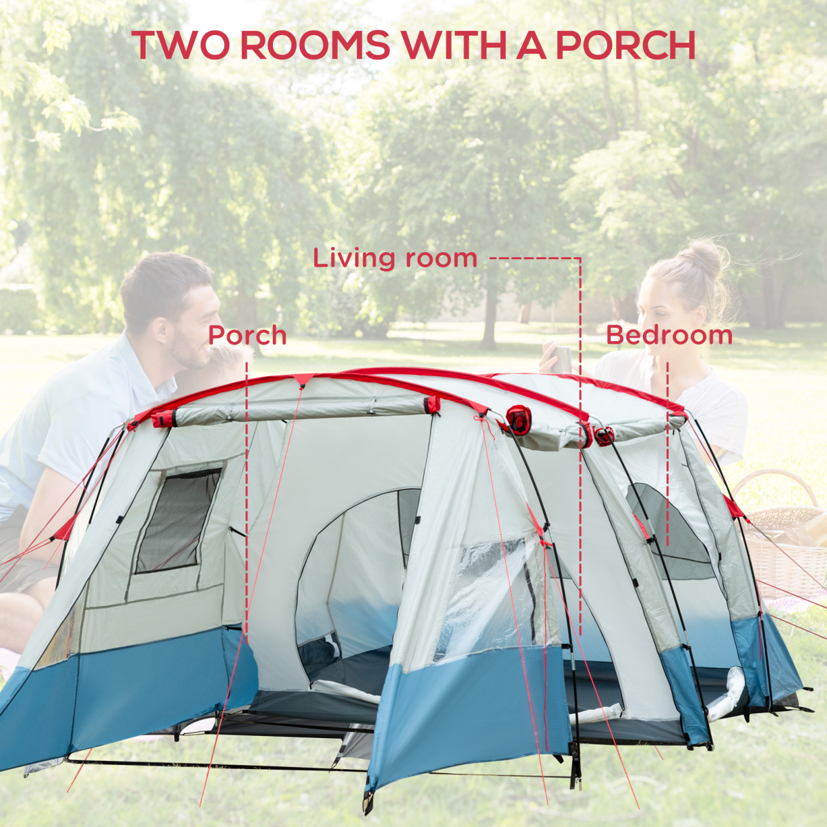 Outsunny 6-8 Person Tunnel Tent with Two Rooms, 3 Doors & Carry Bag – Waterproof Family Camping Tent, Blue