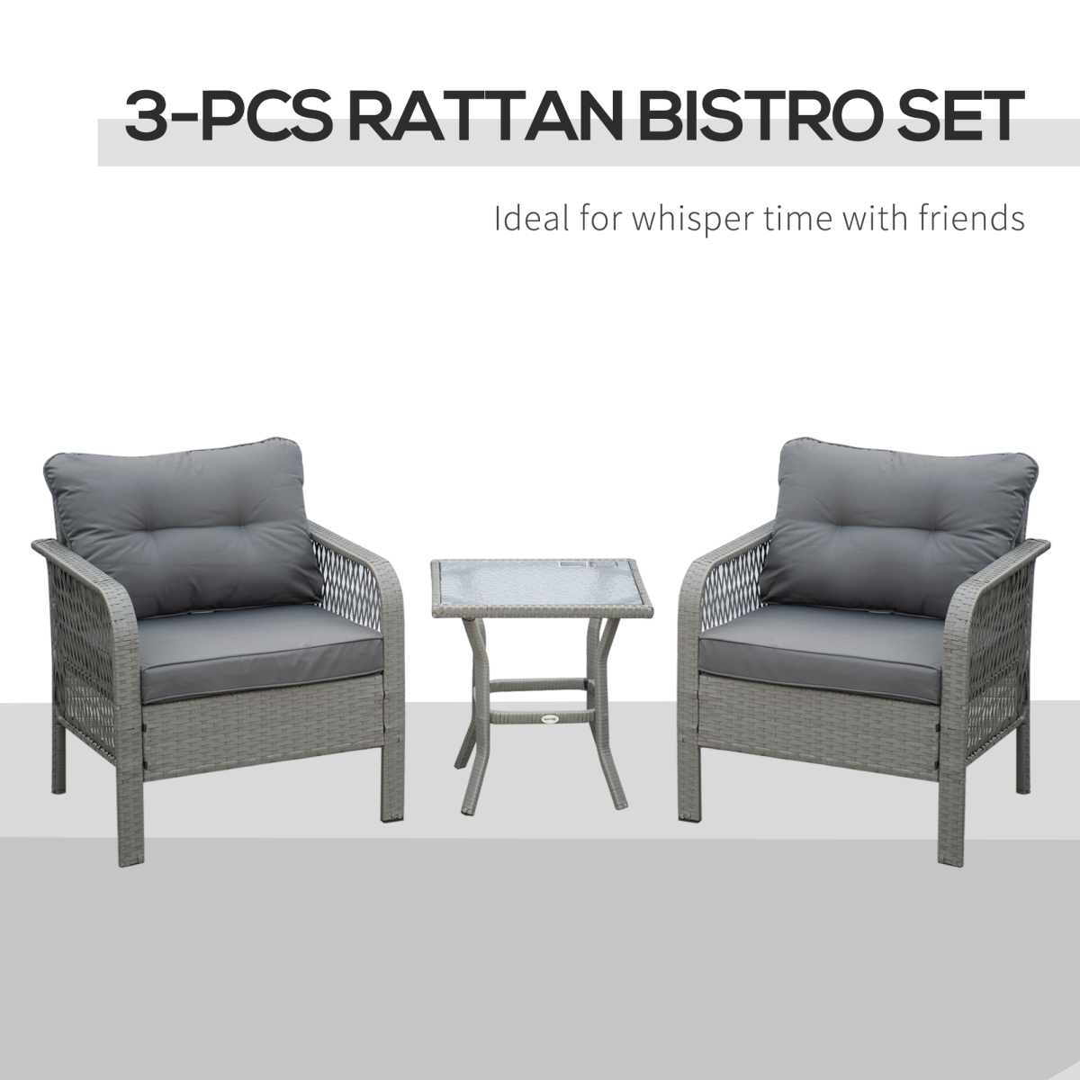 Outsunny 3-Piece PE Rattan Bistro Set with Two Armchairs, Cushions & Tempered Glass Table – Patio
