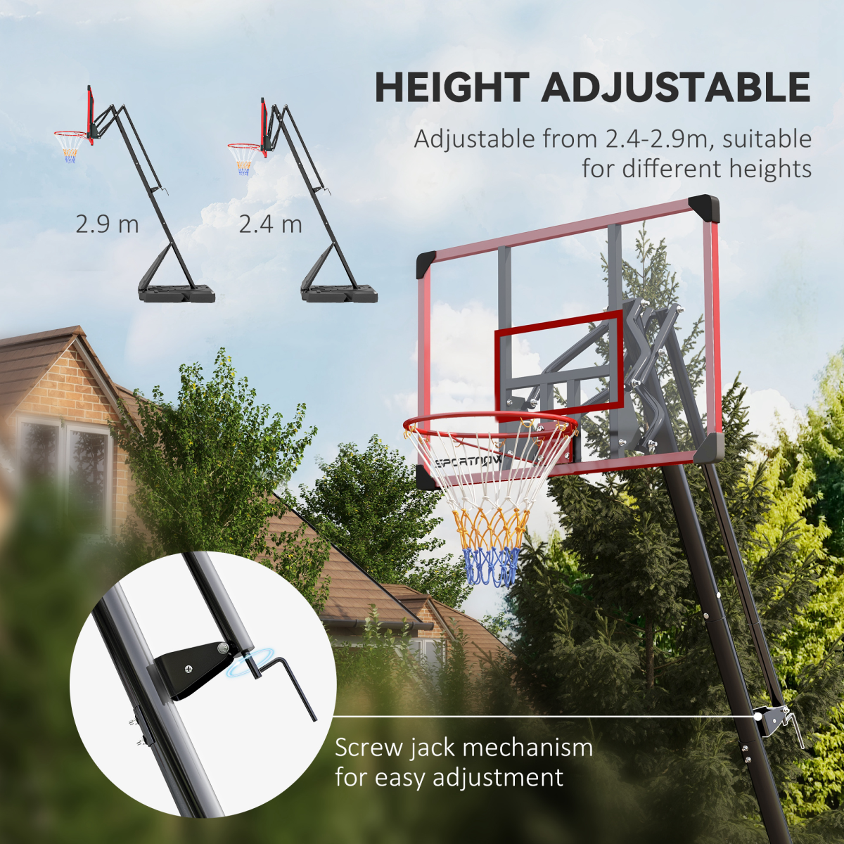 SPORTNOW Adjustable Basketball Hoop and Stand with Weighted Base & Wheels, 2.4-2.9m – Portable Outdoor Hoop, Red